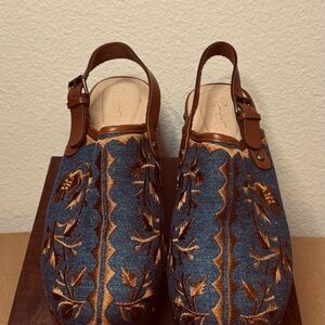 Embroidered Blue and Brown Mules